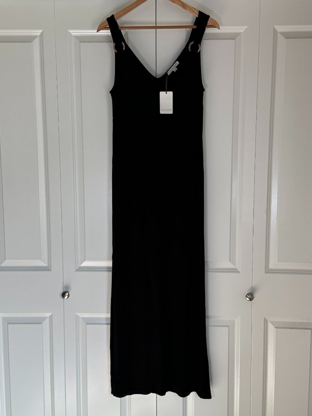 Green Envelope Women's Black Maxi Dress sz Medium Gold Ring Tank Split Sides
